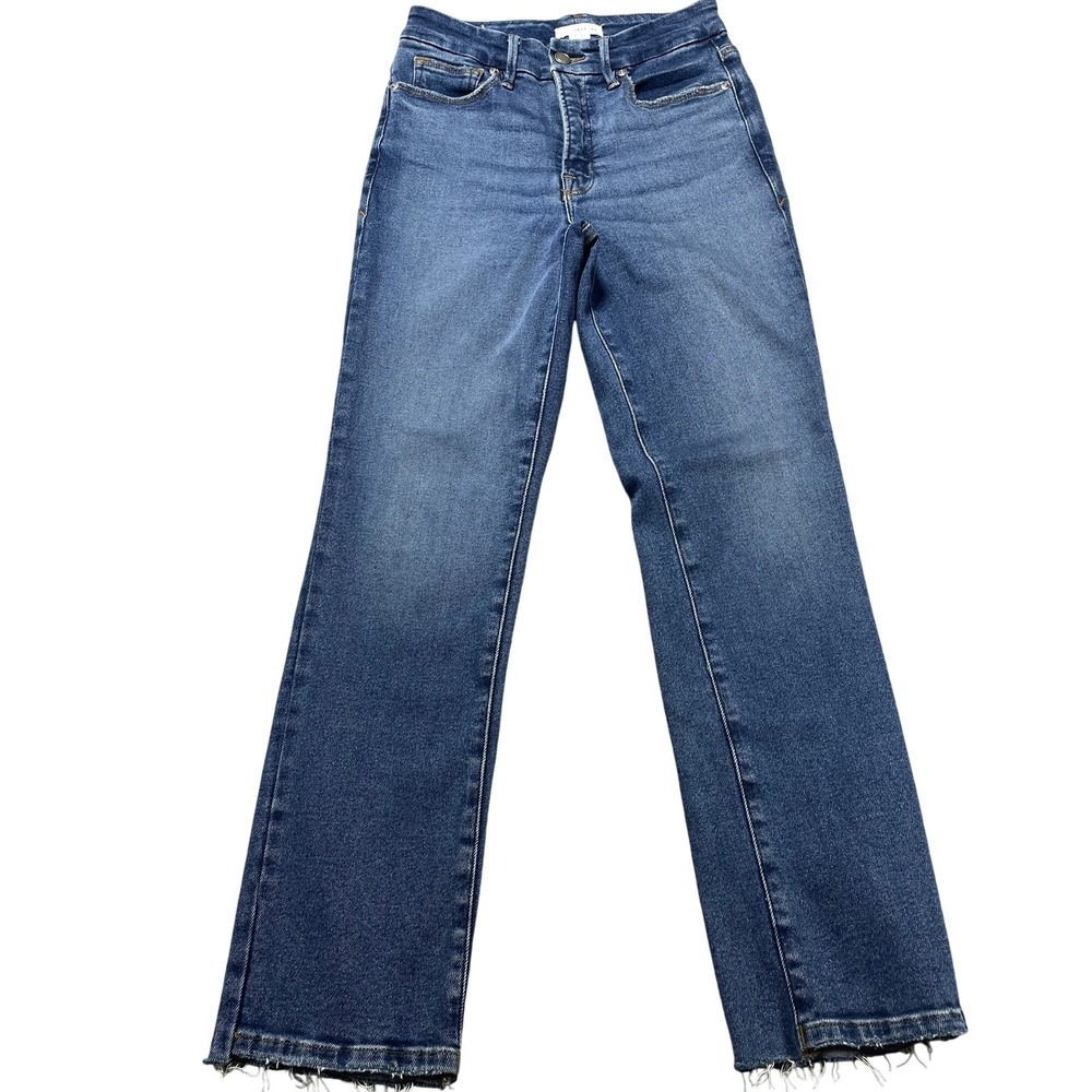 Good American Jeans Womens 4/27 Blue Wash High Rise Straight Fringe 26x28 Denim